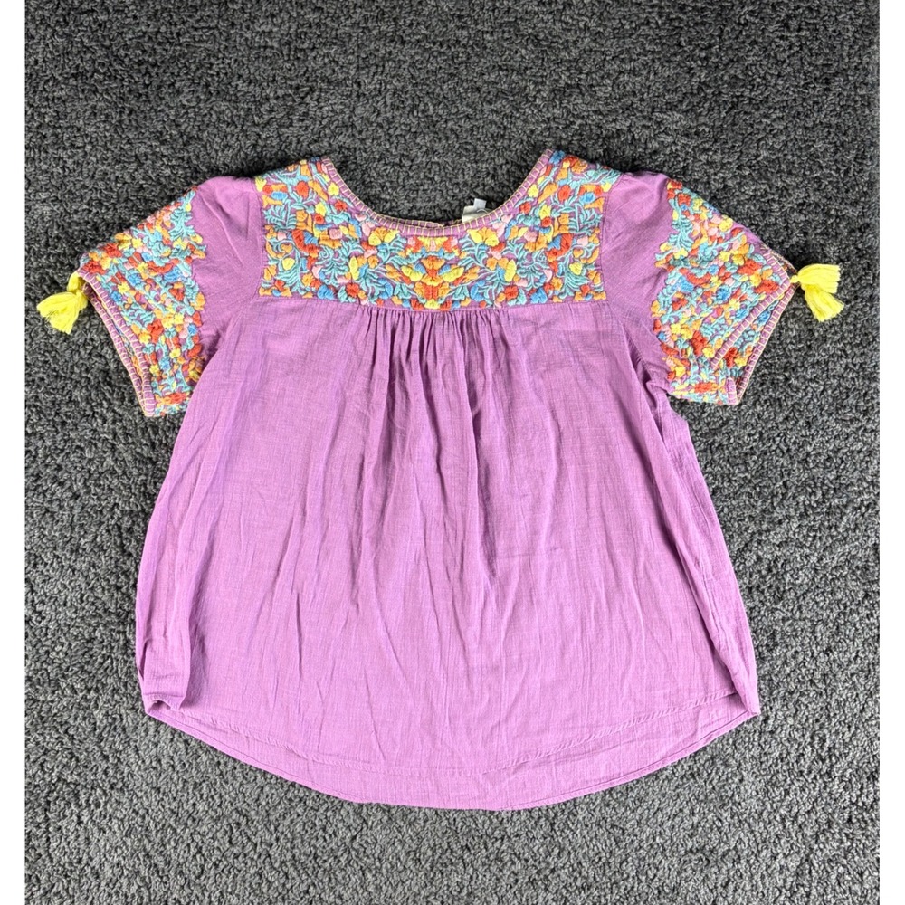 Sister Mary Purple Embroidered Boho Peasant Cotton Gauze Tassel Blouse Top Med